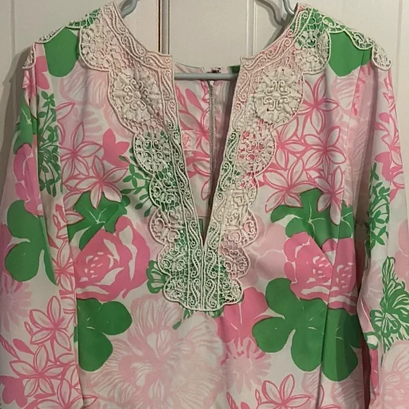 Vintage Lilly Pulitzer Floral Pink and Green Maxi Kaftan Dress with Lace Trim - Picture 2 of 3